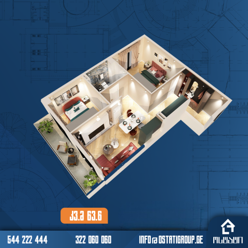 3 სართული | 63.6 კვ.მ