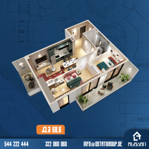 3 სართული | 66.8 კვ.მ